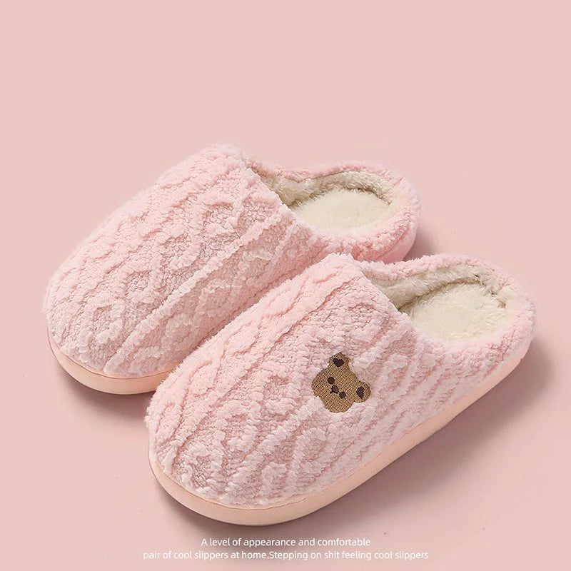 Winter Fluffy Shoes Women Cotton Slippers Cartoon Bear Thick Sole