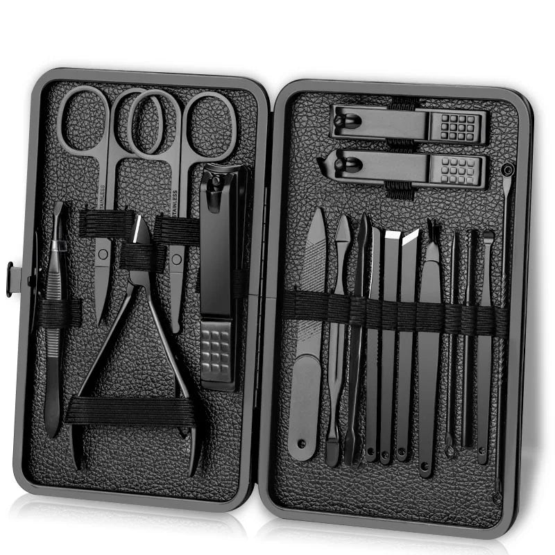 18 pcs Black stainless steel nail clipper set, nail clipper, leather clipper, foot trimmer, acne needle, beauty tool Zpaxo
