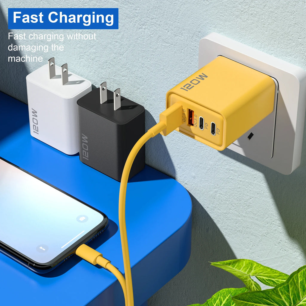 120W 4 Port USB C Charger Fast Charging Data Cable Phone Adapter