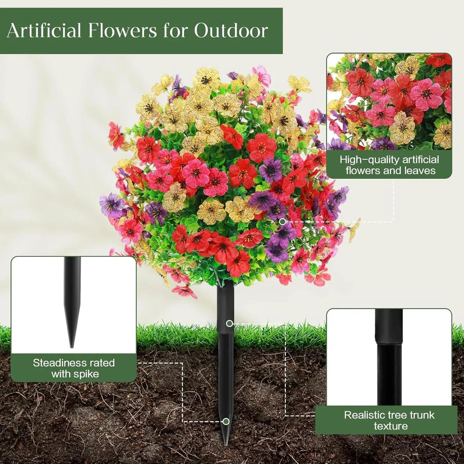 Artificial Shrubs Faux Flower Ball Spike Insert Fake Topiary Plant