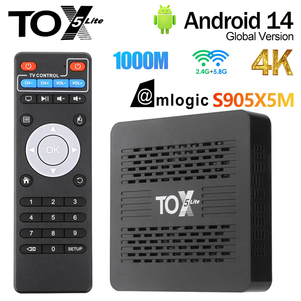 TOX5 Lite Android14 TV Box Amlogic S905X5M 32GB ROM BT AV1 1000M LAN Zpaxo