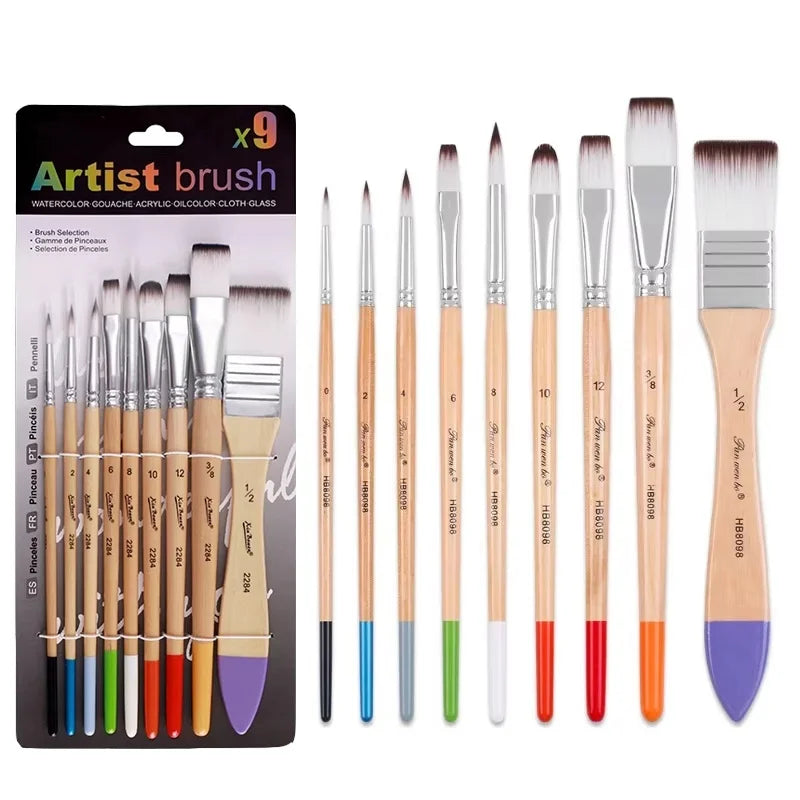 9pcs Artist Nylon Brush Set Wood Handle Beginner Professional Painting Watercolor Oil Acrylic Paint For Art School Tool Supplies Zpaxo