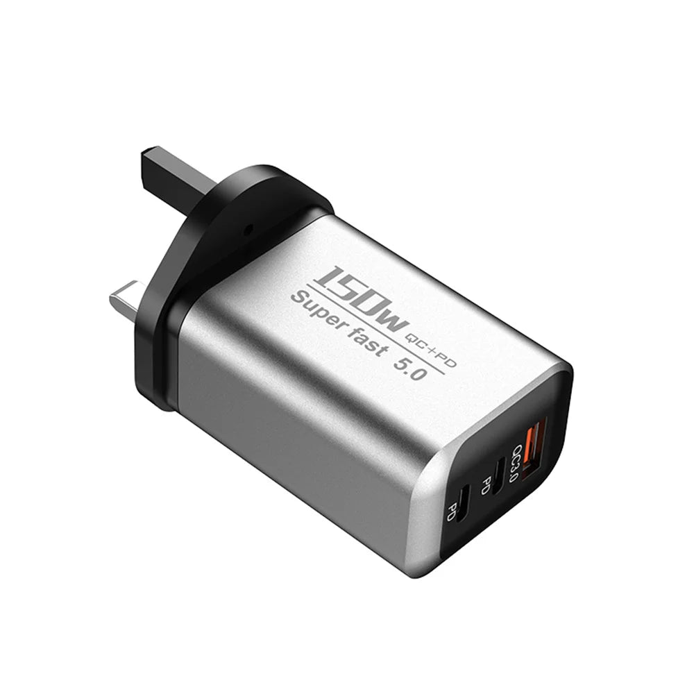 150W 3-in-1 USB-C Fast Charger PD QC3.0 | EU UK US Plug USB-C Wall Charger Zpaxo UK Silver