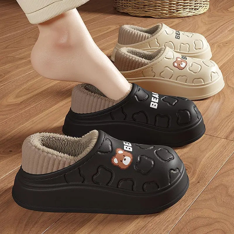 Winter Slippers Women Bear Cartoon Outdoor Waterproof House Shoes Men