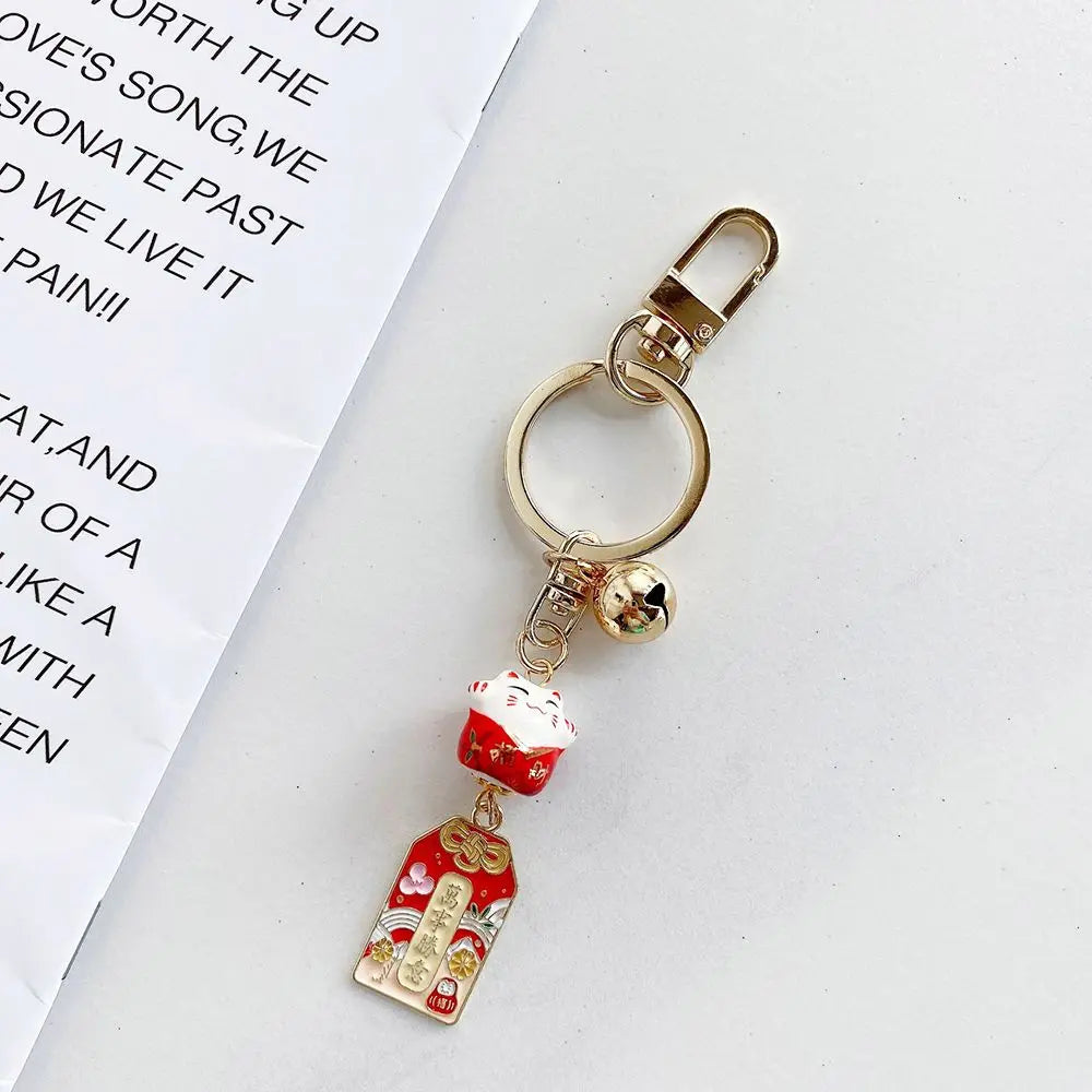 Female With Bell Mobile Decoration Cartoon Metal Ceramics Backpack Pendant Car Keyring Key Lanyard Lucky Cat Keychain Amulet Zpaxo red