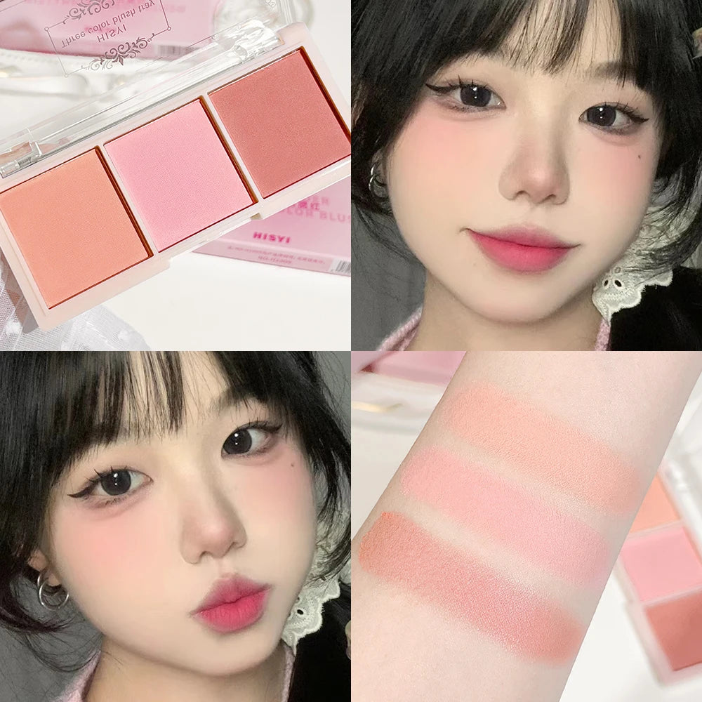 HISYI three-color blush matte natural nude makeup brightens the appearance and brightens the color. Three-color blush plate Zpaxo