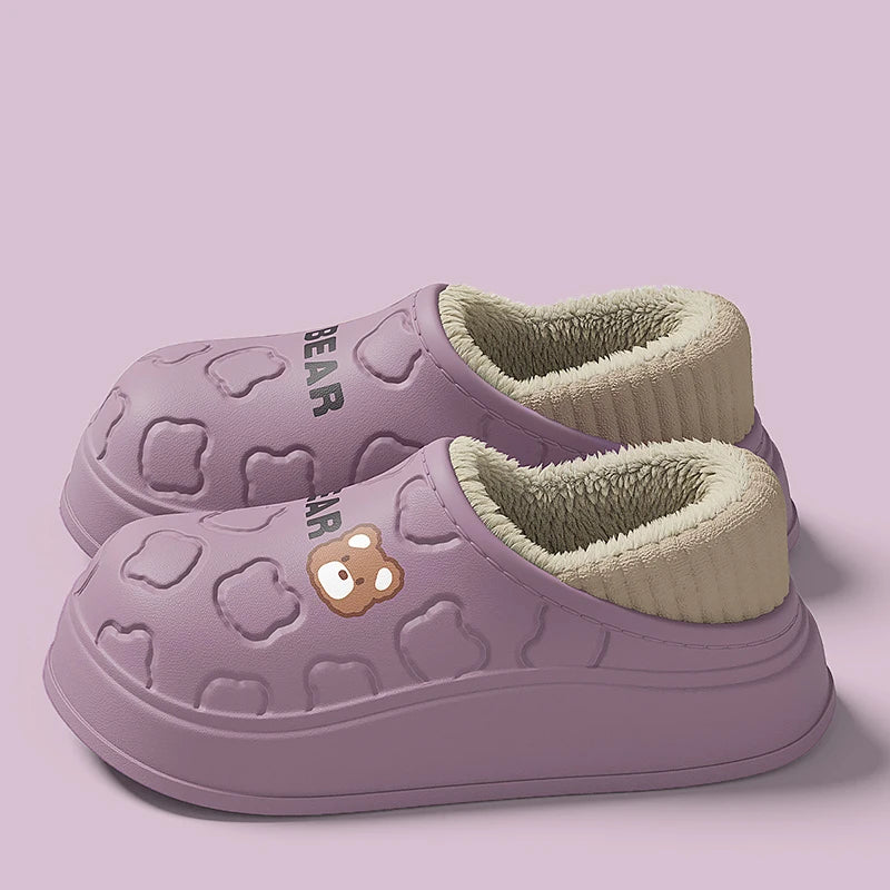 Cute Bear Waterproof Cotton Slippers Women Warm Lightweight Anti Slip Zpaxo purple 40-41