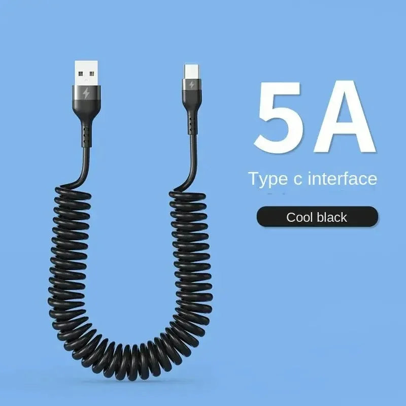 66W USB-C Spring Coil Fast Charging Car Cable – 6A USB-C Charging Cable Zpaxo BLACK 1.5m