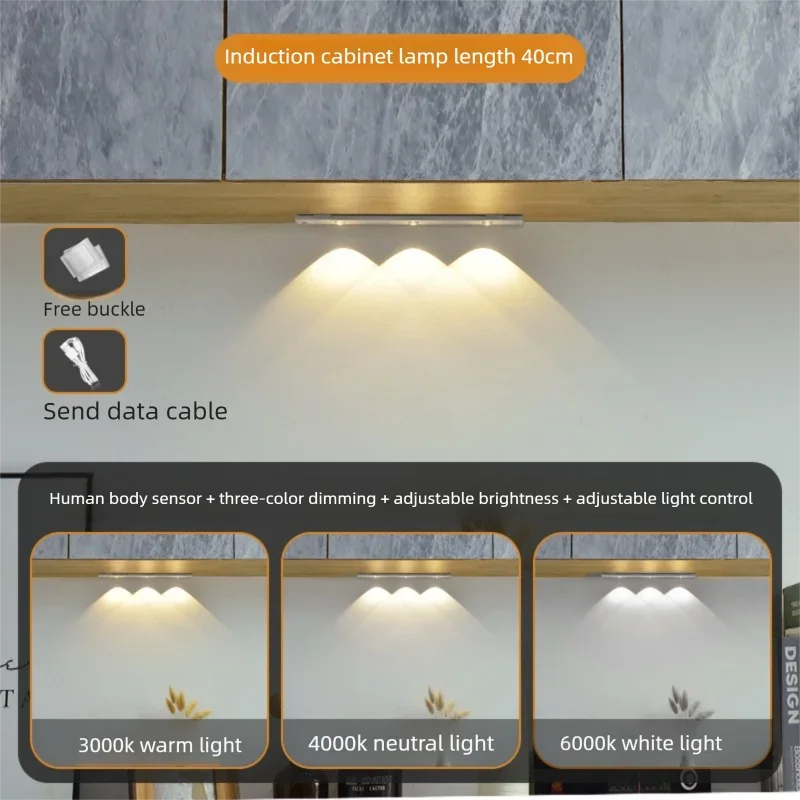 Wireless Ultra Thin Motion Sensor LED Cabinet Light Dimmable Lamp USB Rechargeable 3 Colors for Kitchen Wardrobe Bedroom Stairs Zpaxo 3 colors in one Lamp 40cm White