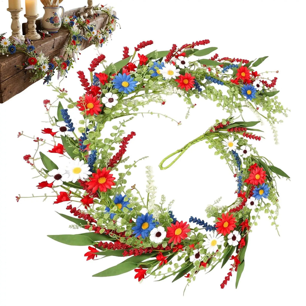 4th July Wreath 4 9Ft Red White Blue Daisy Garland Patriotic Decor
