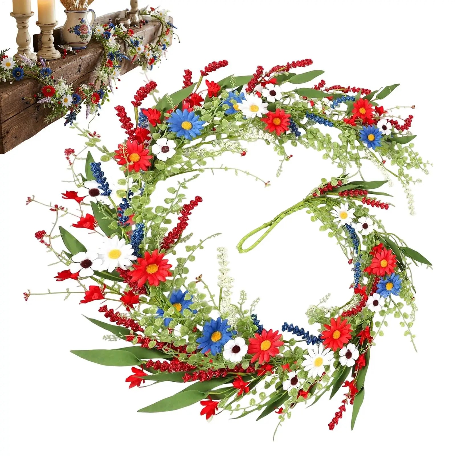 4th July Wreath 4 9Ft Red White Blue Daisy Garland Patriotic Decor