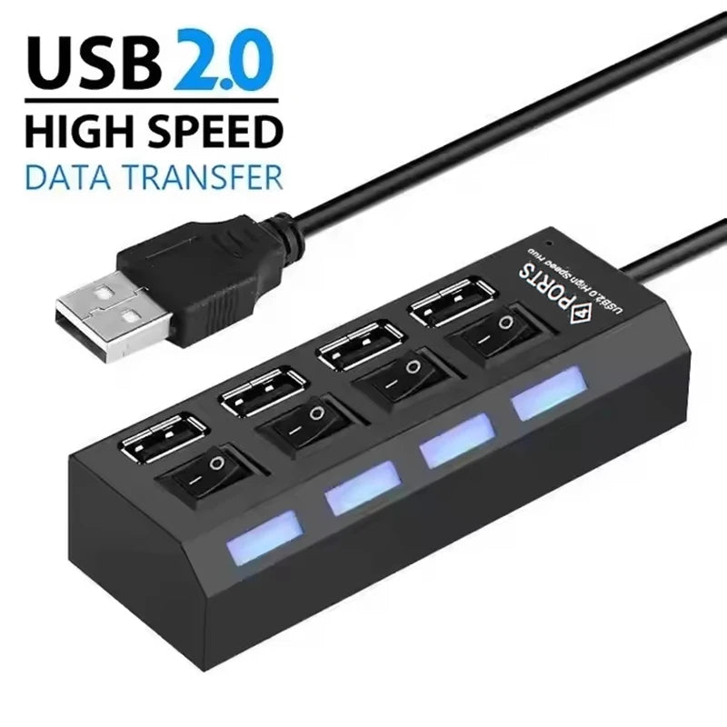 4-Ports USB 2.0 Hub Extension Splitter With Independent LED Switch Control For Laptop Desktop MacBook Computer Accessory Kit Set Zpaxo