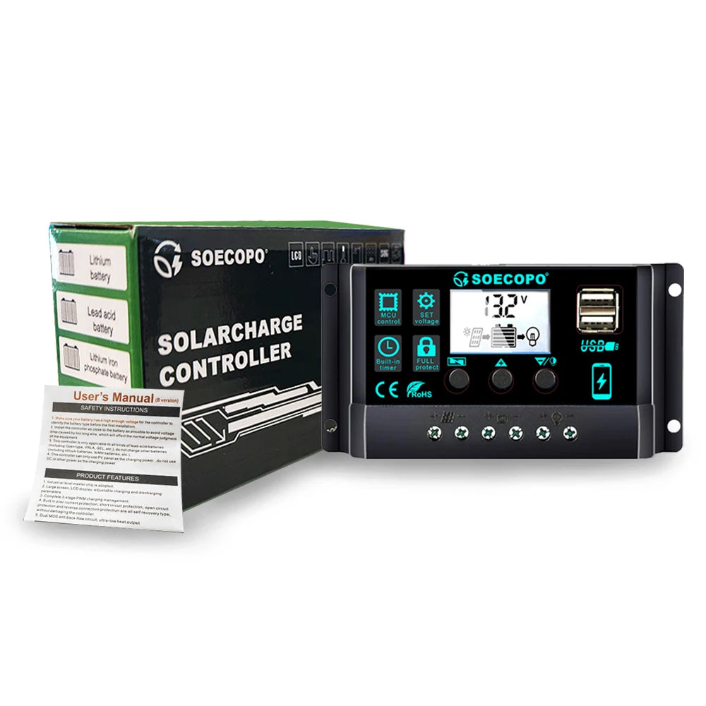 12V 24V 100A Solar Charge Controller Autoswitch LCD Display