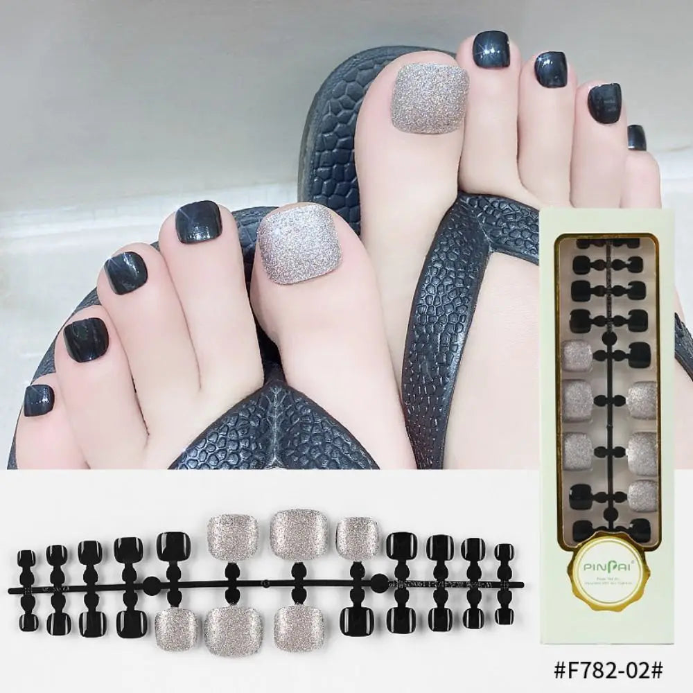 24pcs Sequins Fake Toenails Full Cover Short Square Toe Nails Foot Nails Tips for Women Girls Zpaxo