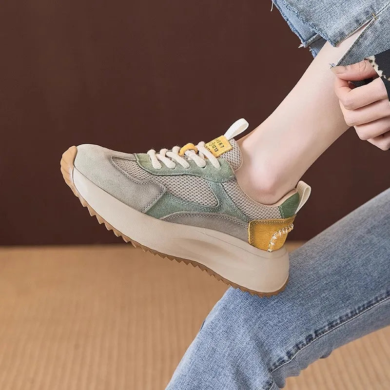 Green Beige Patchwork Chunky Sneakers Women Breathable Mesh Suede Zpaxo
