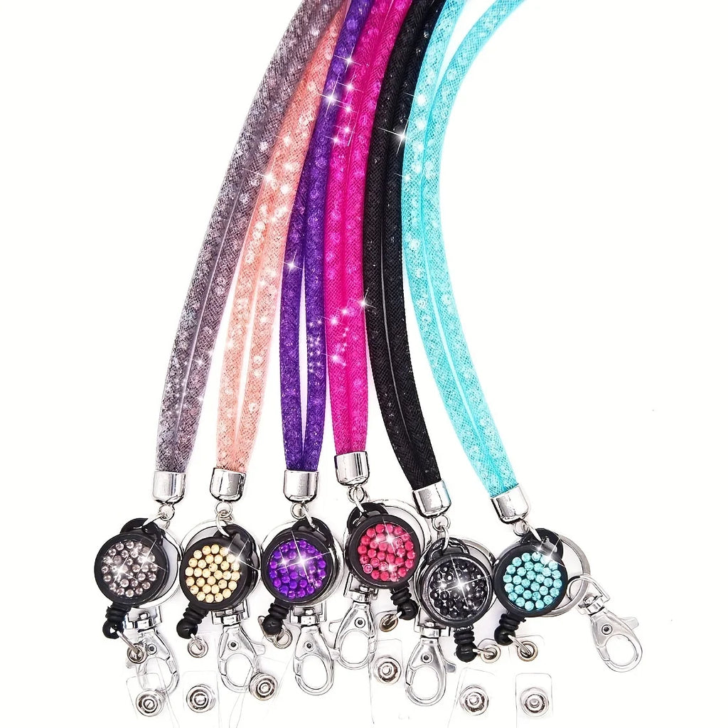 Rhinestones Lanyard Badge Card Holder Teacher Retractable Necklace