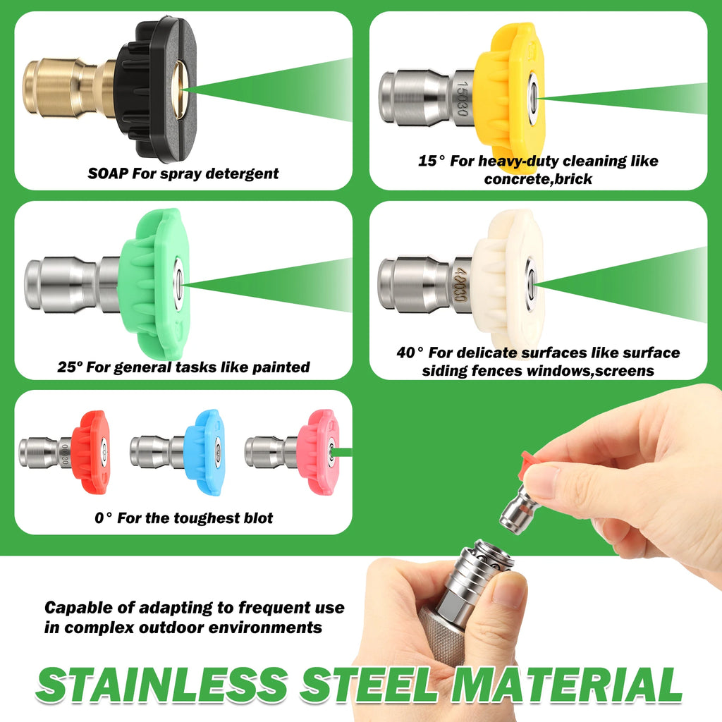 Garden Hose Power Washer Adapter 3/4 GHT to 1/4 Quick Connect Leak Leak Proof Stainless Steel Coupler with Spray Nozzle Tips Set Zpaxo