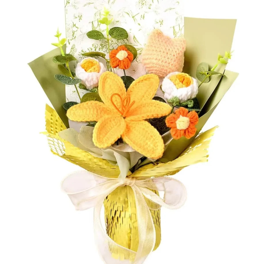 Knitted Flower Bouquet Handmade Tulip Rose Daisy Crochet Flowers