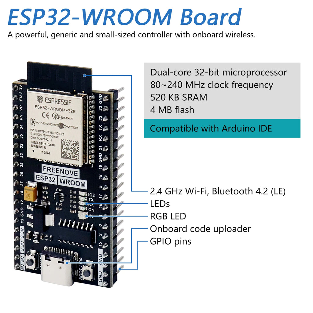 Freenove ESP32-WROOM WiFi MCU Board 240MHz Dual Core 32Bit Chip C Python Demo Codes & Practical Learning Tutorials Zpaxo