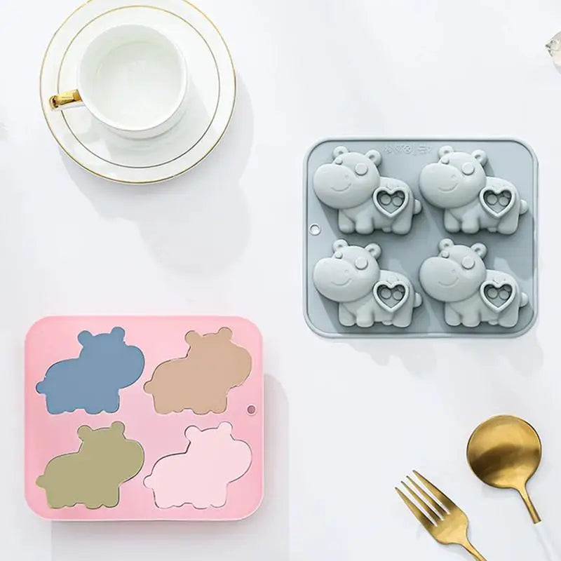 Flexible Silicone Hippo Mold Four Cavity Heart Tray Homemade Zpaxo