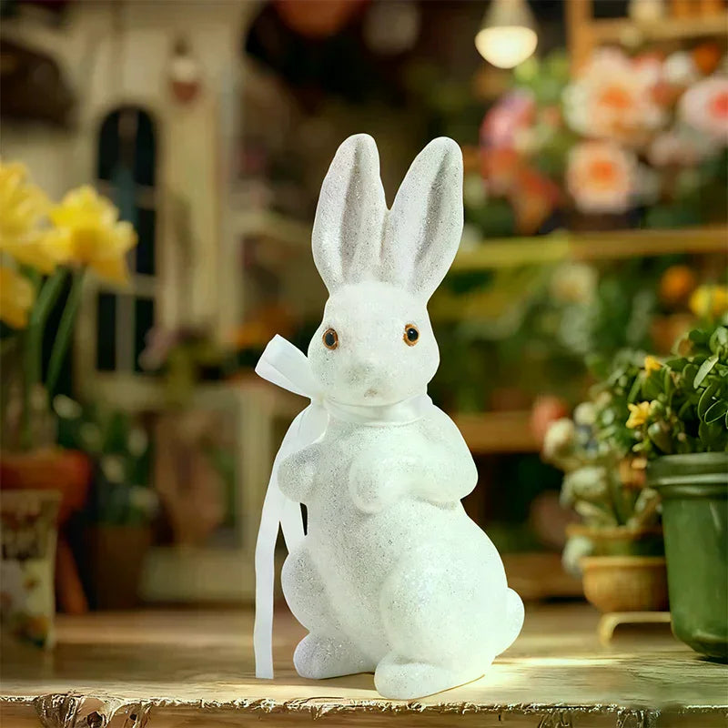 Easter Decoration Sparkling Foam Bunny Figurine With Bow Tie 8.6" Glitter Rabbit Tabletop Ornament For Easter Zpaxo