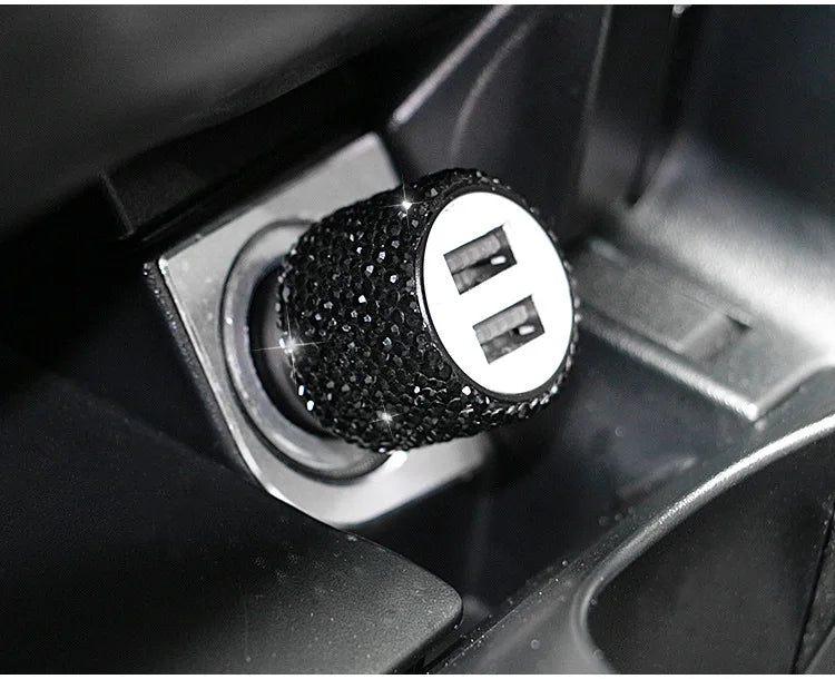 Dual USB Port Car Charger Safety Hammer Design Handmade Rhinestone Zpaxo black 1 China Mainland