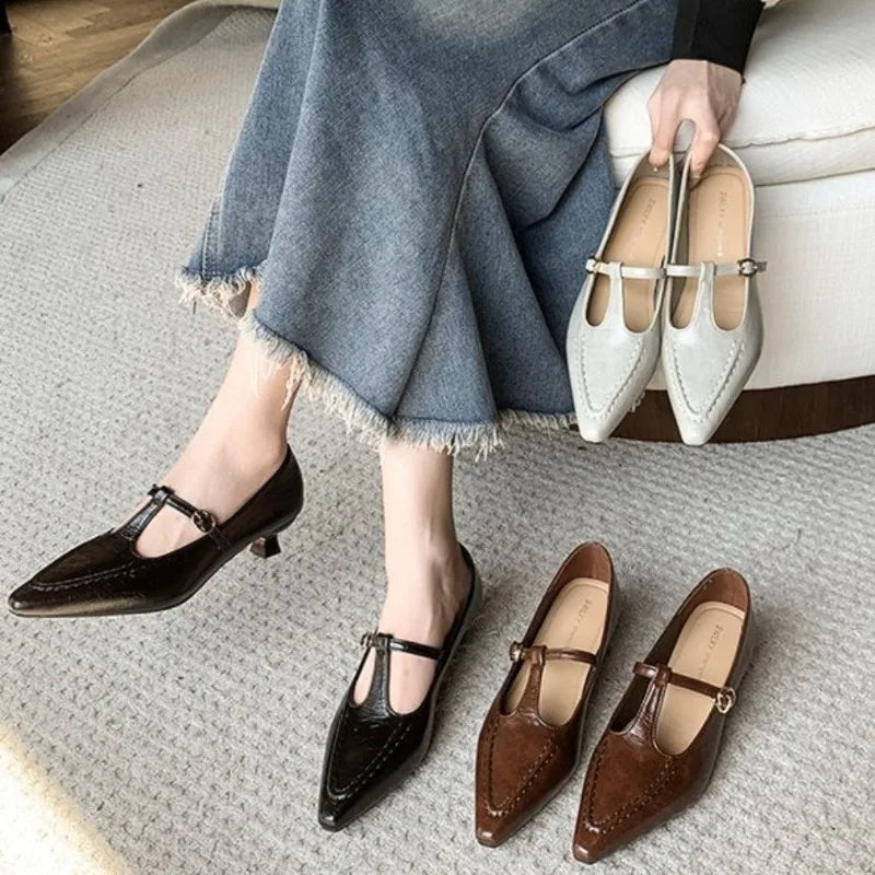 Low Heel Pumps for Women Pointed Toe Heel Mary Jane Shoes Spring Autumn New T-shaped Buckle Strap Ladies Shoe for Women Zpaxo