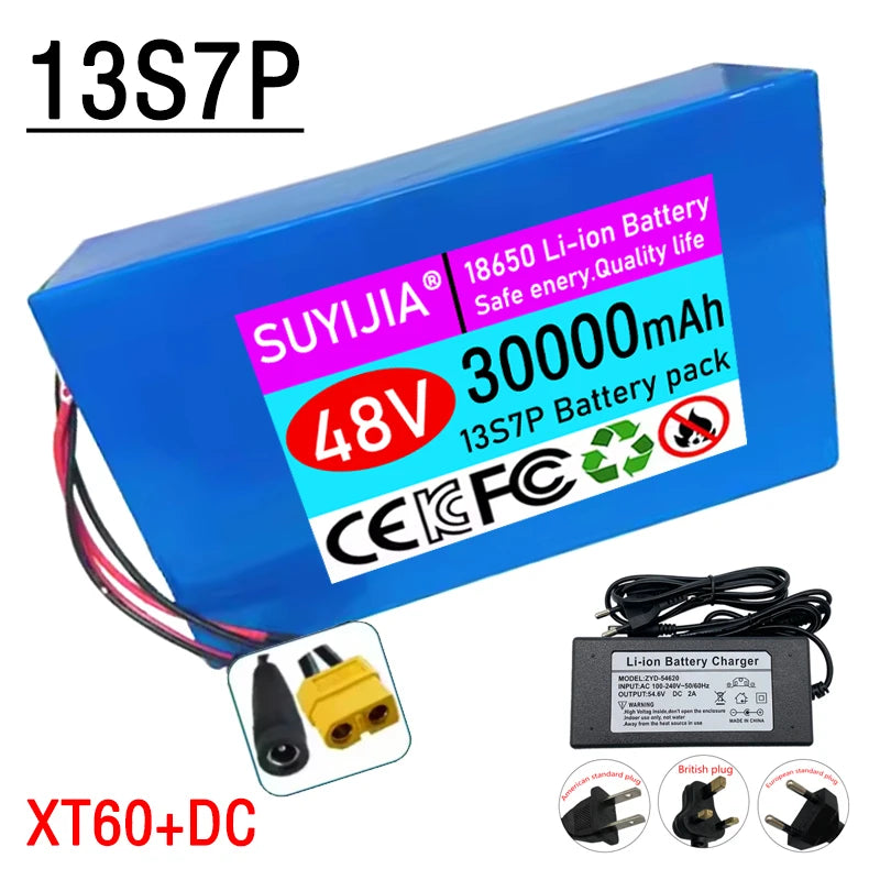 New 48V 30Ah 13S7P Lithium-ion Battery Pack 48V 30000mAh Built-in 60A BMS for 500-1500W Electric Motor Battery +54.6V 2A Charger Zpaxo DC-XT60