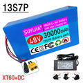 New 48V 30Ah 13S7P Lithium-ion Battery Pack 48V 30000mAh Built-in 60A BMS for 500-1500W Electric Motor Battery +54.6V 2A Charger Zpaxo DC-XT60