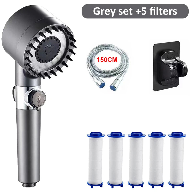 High-pressure Massage Shower Head 4 Modes Rain One-touch Stop Filter Zpaxo Grey Set 5 Filter