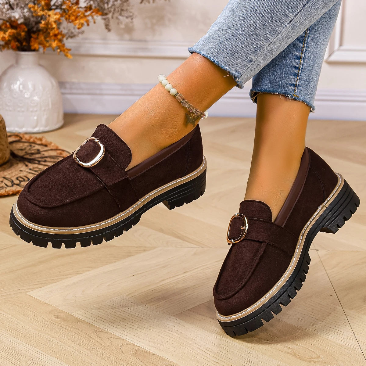 Woman Loafers British Thick Heel Round Toe Woman Shoes Retro Autumn Large Size Shoes Ladies Rubber Outsole Casual Sneakers Women Zpaxo