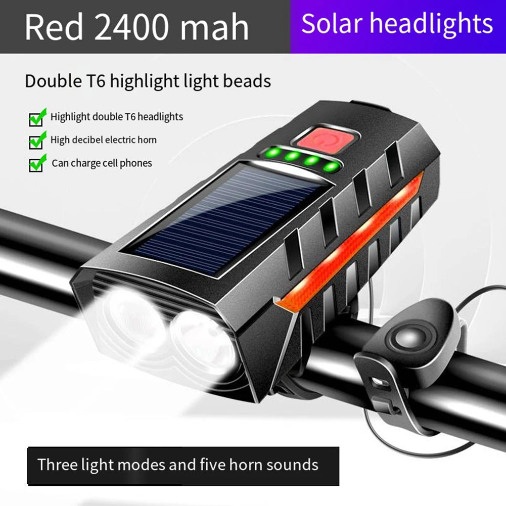 Solar Bike Headlight with 130db Horn MTB Road Bike Front Lamp USB Rechargeable High Beam Bicycle Flashlight Bicycle Accessories Zpaxo Red
