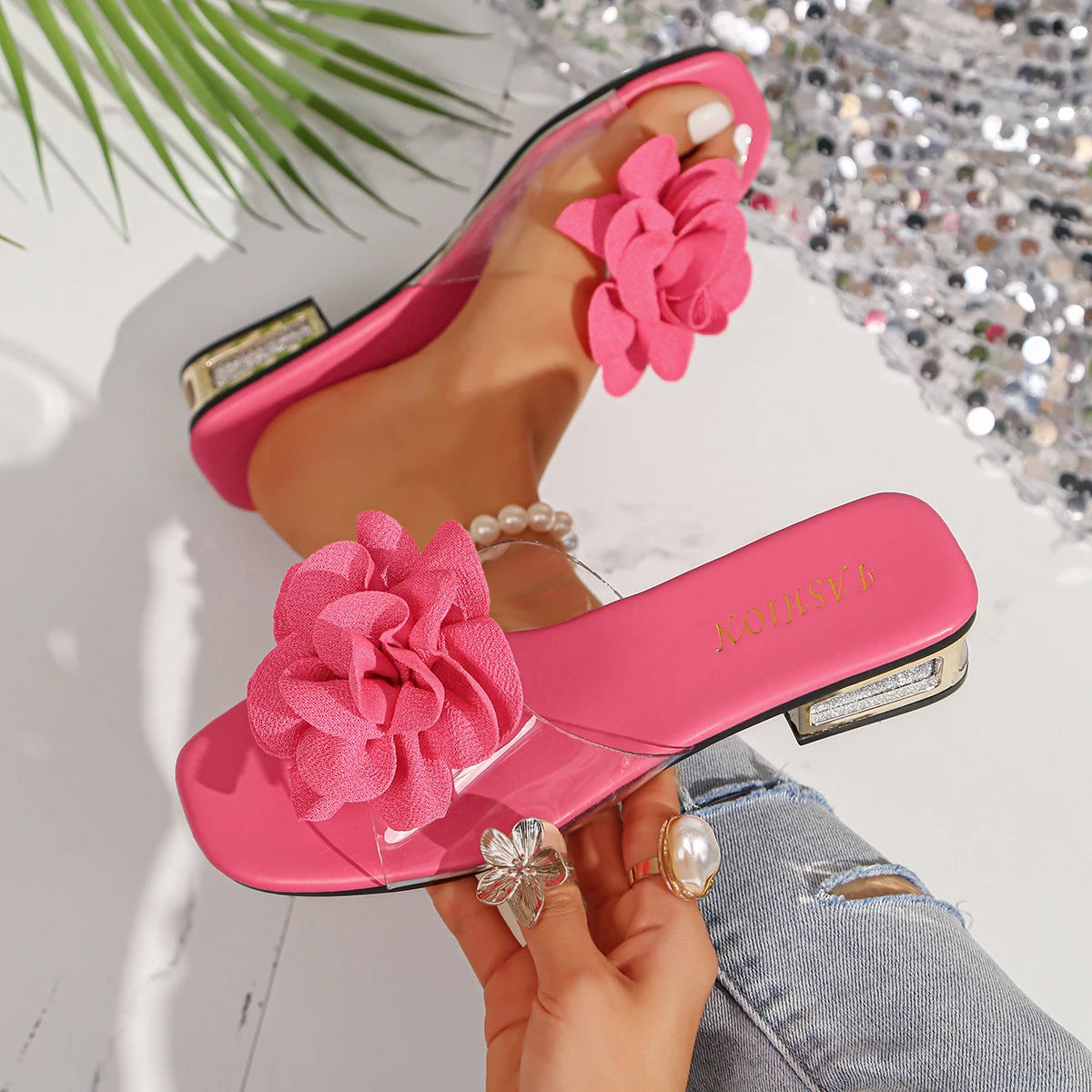 Women Sandals Classic Leather High Heels Shoes for Women Summer Luxury Brand Floral Sexy Shoes Open Toe Fashionable Sandals Zpaxo Pink 36