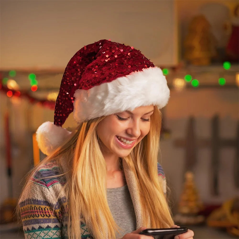 Sequin Santa Hat – Plush Fluffy Pompom for Adults & Kids