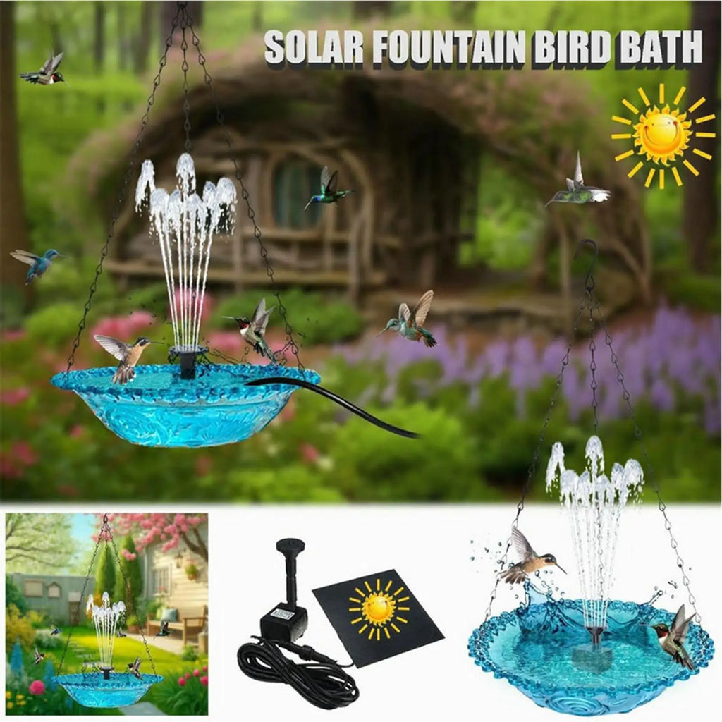 Solar Bird Bath Hangable Fountain Hummingbird Feeding Bowl Water Pump