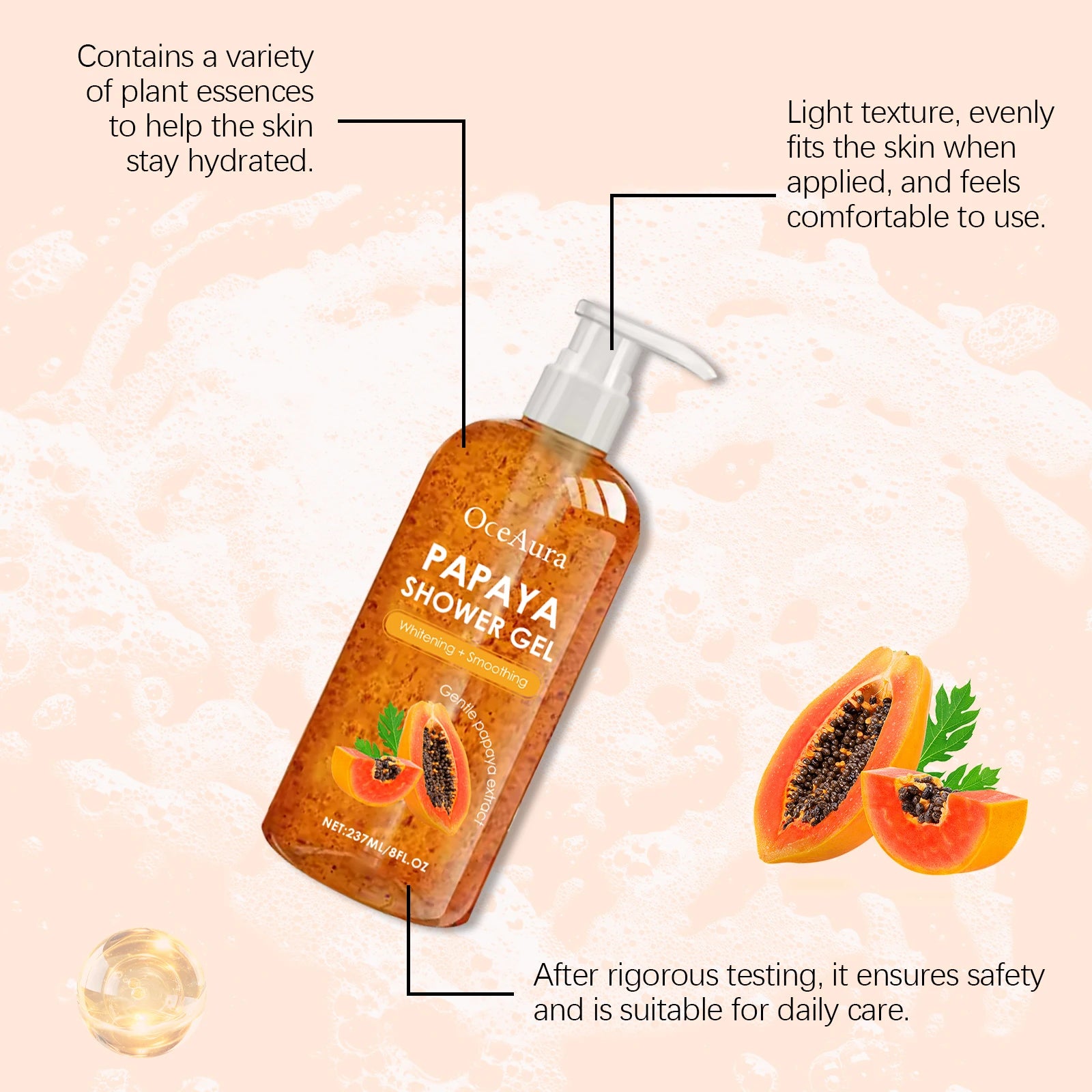 Papaya Shower Gel Whitening Smoothing Cleansing Remove Dirt Fade Pigmentation Rich Foam Lasting Aroma Hydrate Refresh Body Wash Zpaxo
