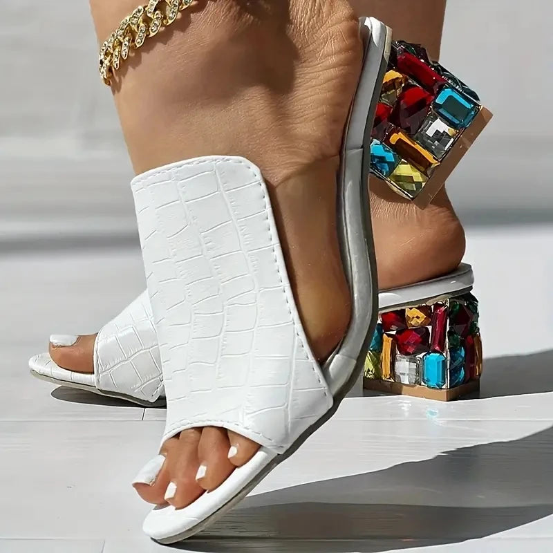 Women Crystal Sandals 2024 New Spring Summer Open Toe Sandals Square Heels Beach Fashion Sandals Women Sandalias De Mujer Zpaxo WHITE 43