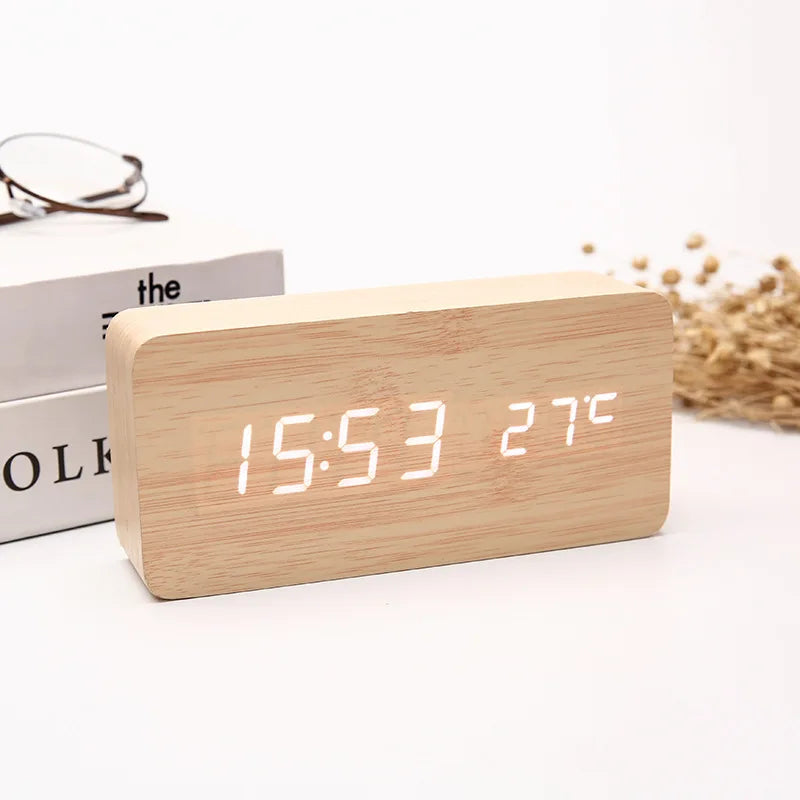 LED Student Alarm Clock Simple Wooden Temperature Display Sound