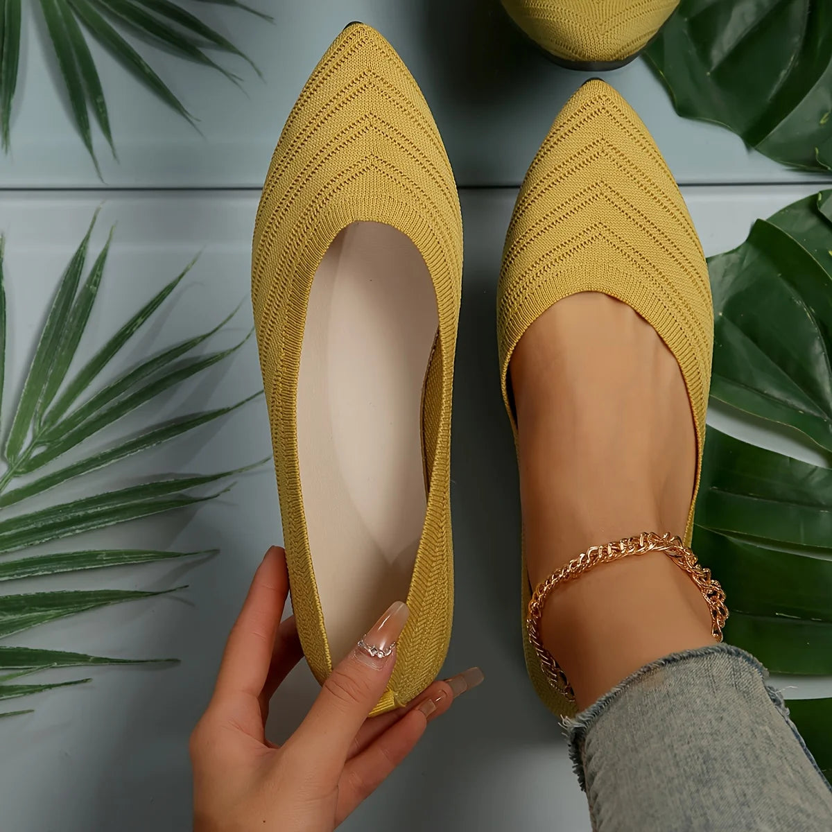Women's Pointed Toe Flat Shoes Solid Color Knitted Slip on Shoes Casual Breathable Ballet Flats Women Flat Shoes Loafers Women Zpaxo YELLOW 35