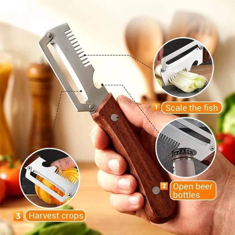 Multi-purpose Peeler for Vegetables High Quality Kitchen Peeler with Sharp Knife Wooden Handle and Bottle Opener for Kitchen Zpaxo