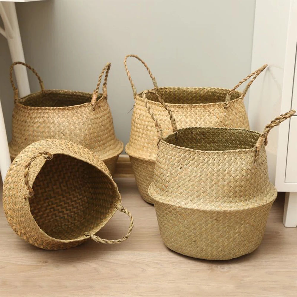 Plant Basket with Handles Wicker Basket Plant Pot Storage Basket Rattan Hanging Flower Pot Laundry Home Decor Zpaxo