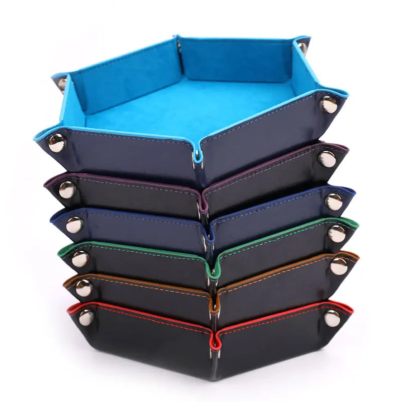 High Quality Foldable Dice Tray Box PU Leather Folding Hexagon Coin Square Tray Dice Game Zpaxo