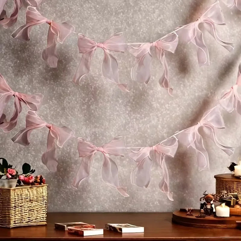 Pink Bow Garland Hanging Bunting Banner Girls Princess Birthday Party