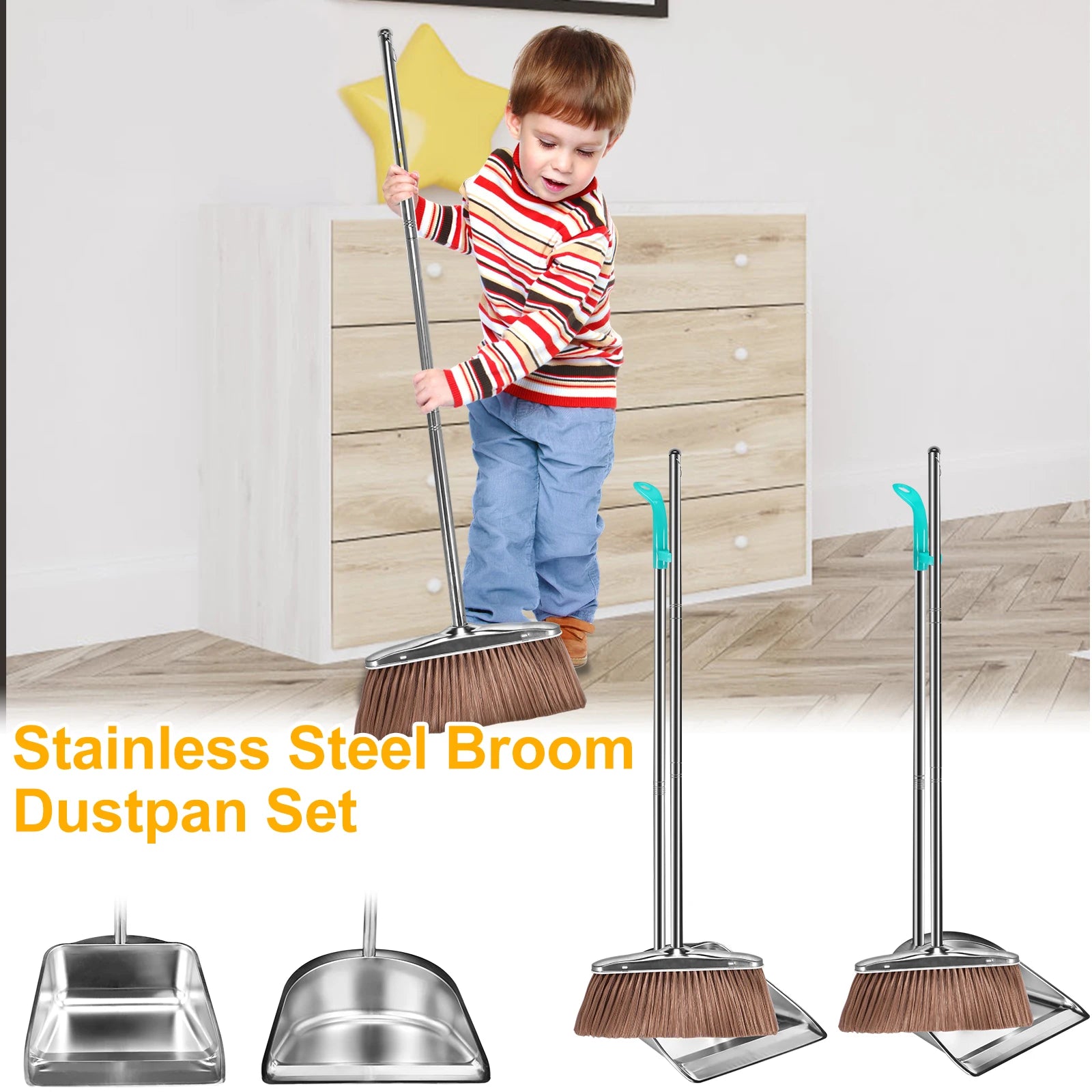 Broom Dustpan Set Stainless Steel Magic Brushs Combination Household Combo Cleaning Tool Dust Pan Long Handle Sweeping Zpaxo