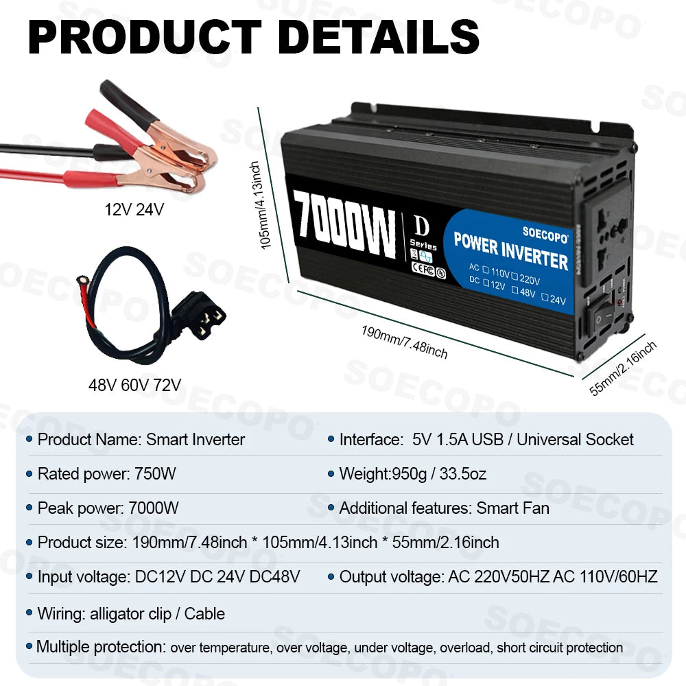 7000W Smart Inverter DC 12V 24V 48V AC 110V 220V Converter Charger