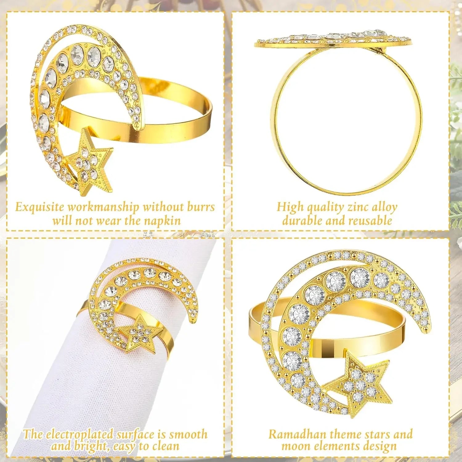 1- Ramadan Crescent Star Napkin Rings Eid Mubarak Dinner Holders