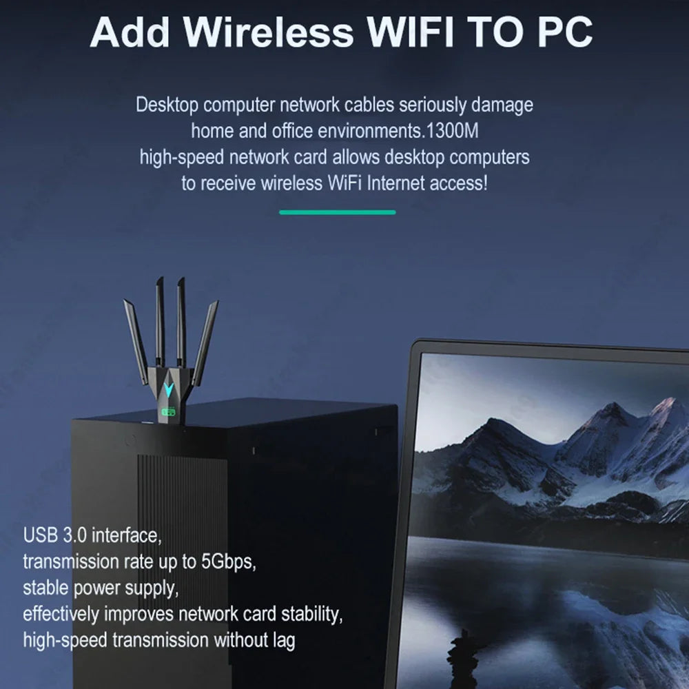USB 3.0 Network Card 1300Mbps Dual Band 2.4G/5.8Ghz USB Adapter Wi-Fi Dongle 4 Antenna Wireless Receiver 600Mbps Plug-and-Play Zpaxo