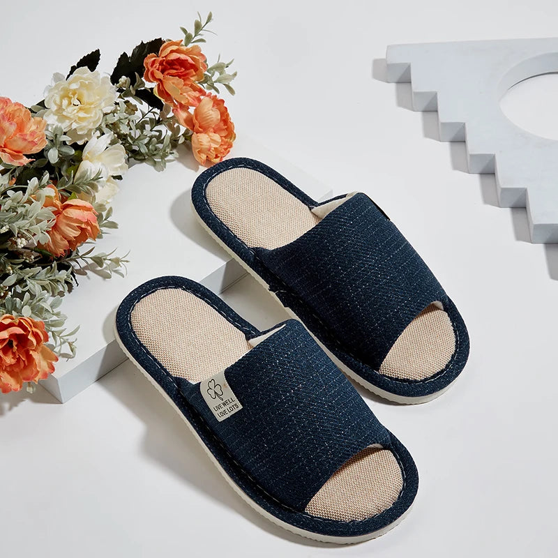 Men's Linen Slippers Breathable Open-toe Non-slip House Shoes