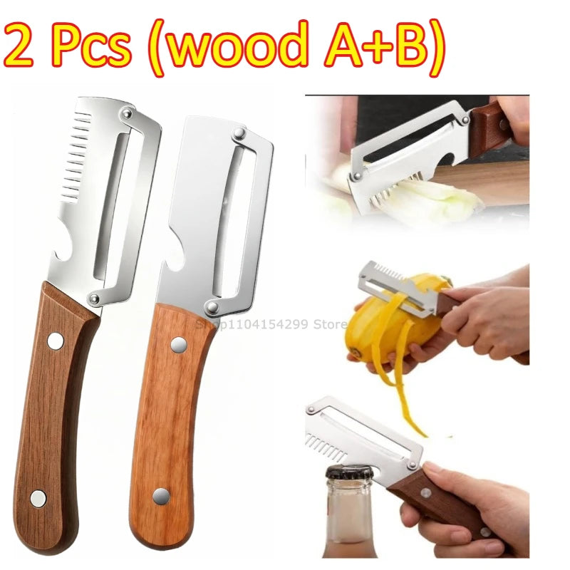 Knife Kitchen New Paring Knife Ergonomic Stainless Steel Vegetable Peeler with Wooden Handle 2-in-1 Fruit Potato Peeler Zpaxo wood A B-2PCS