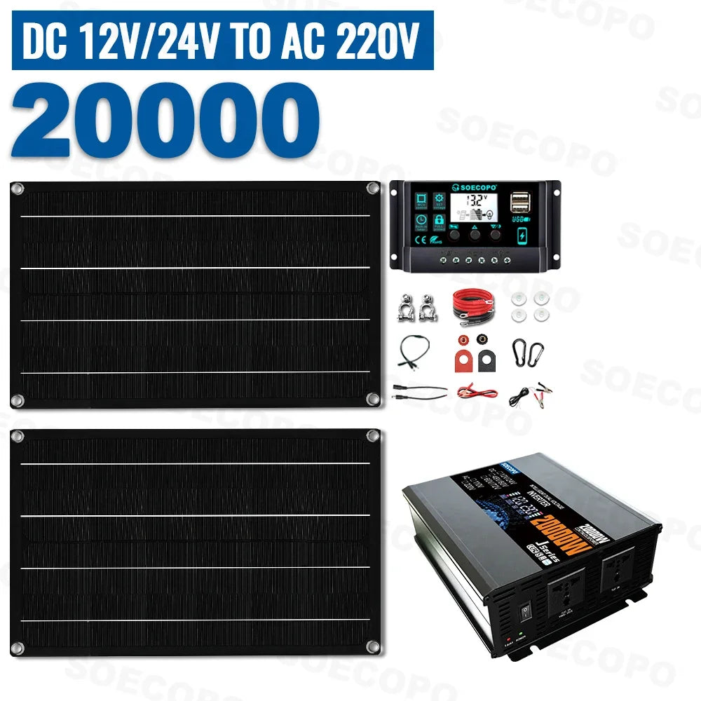 SOECOPO 20000W Solar System Off Grid Kit 2*600W Panel 12V 24V To 220V/110V Inverter Socket 100A Controller for Camping Balcony Zpaxo 220V Solar kit
